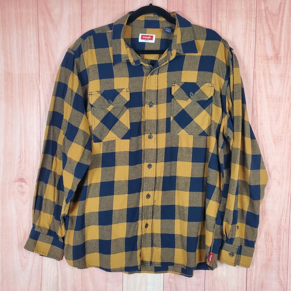 Wrangler Mens Flannel Shirt XL Navy Yellow Plaid Long Sleeve Pockets Button Up